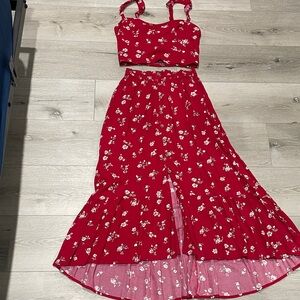 Hollister Red Floral Two-Piece Crop Top and Maxi Skirt Set